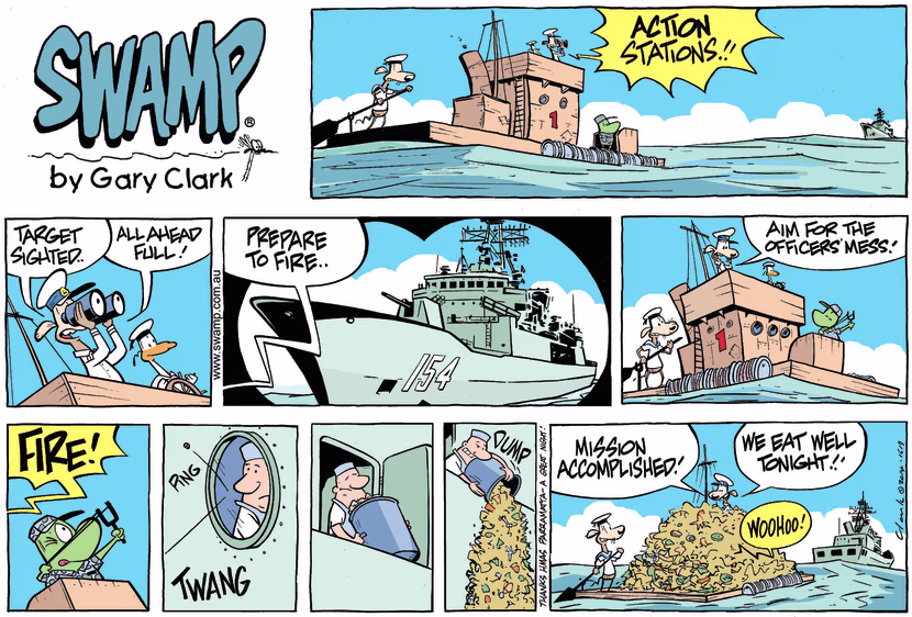 Sailing their barge Cheese and Chives Rats spot a Navy Vessel and calling action stations and declare prepare to fire. Swamp Cartoon - Calling Action StationsFebruary 12, 2023